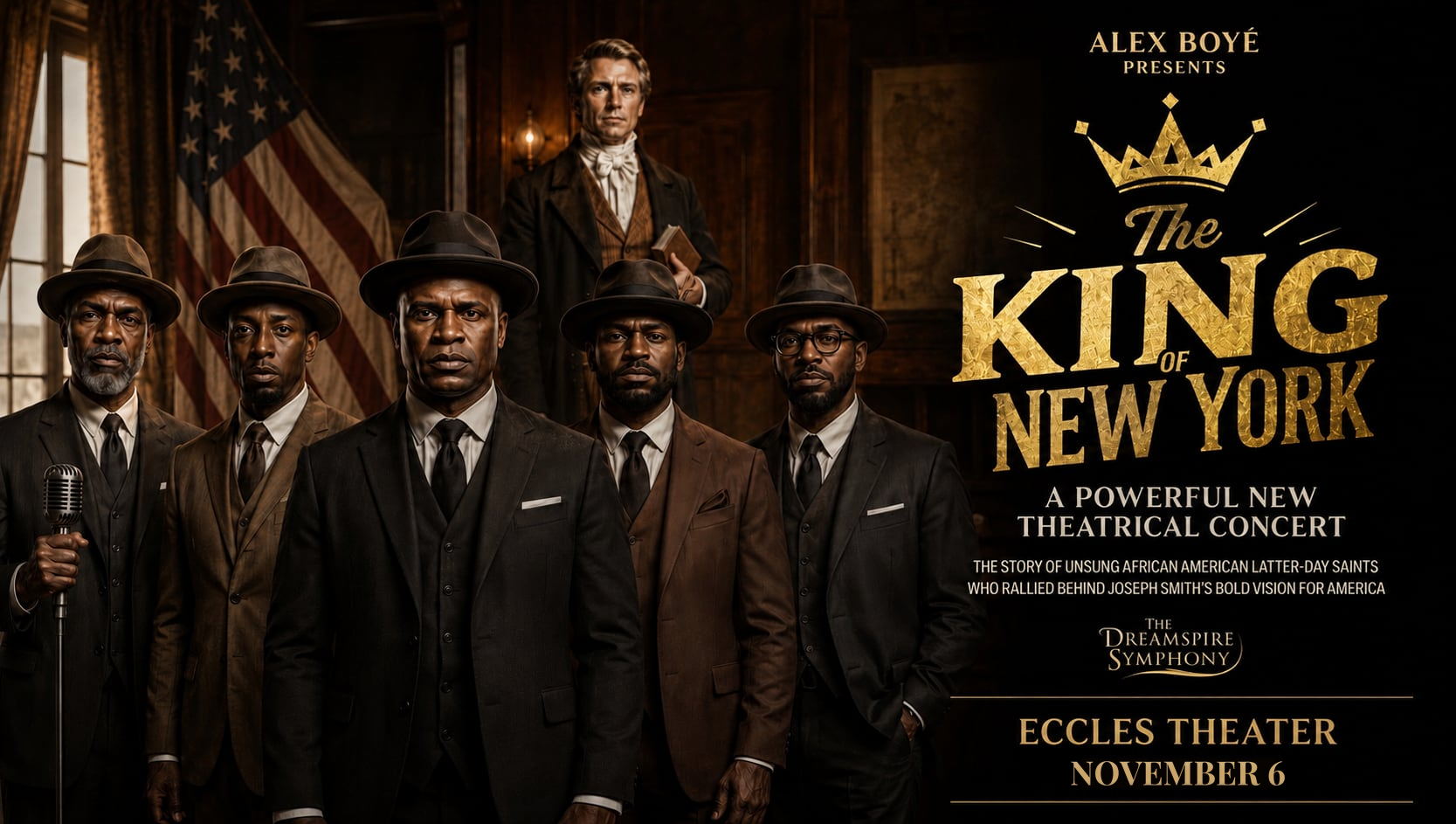 Promotional illustration for The King of New York depicting five Black pioneers and Joseph Smith; not a historical group portrait