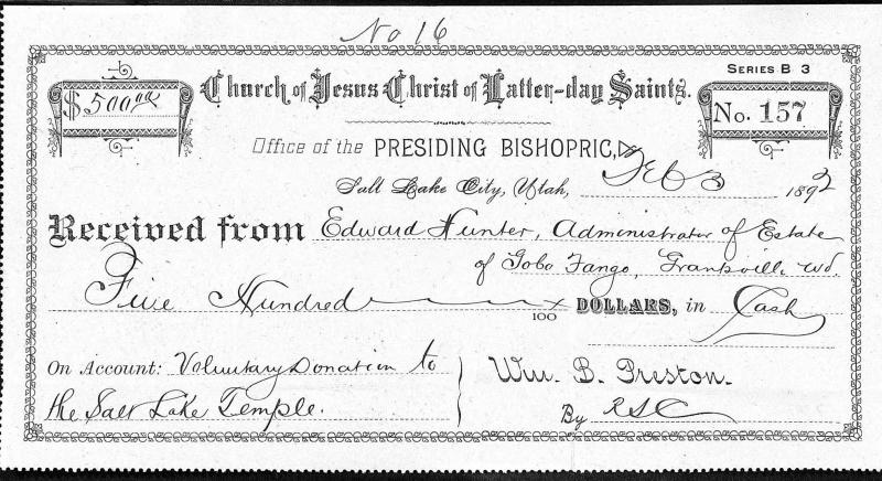 1892 receipt recording a five-hundred-dollar donation from Gobo Fango’s estate toward the Salt Lake Temple