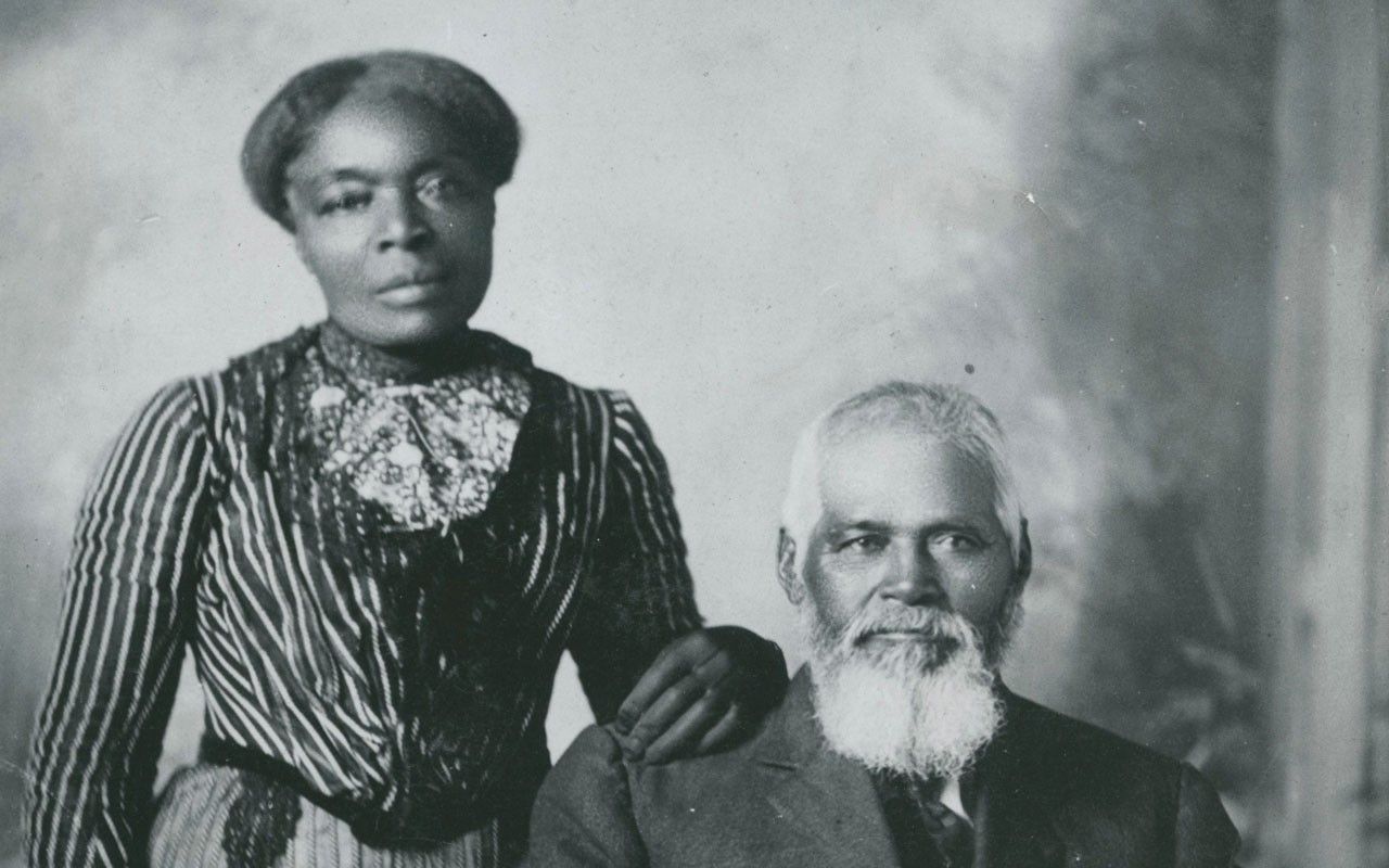 Historical studio photograph of Samuel Chambers seated beside his wife, Amanda Chambers