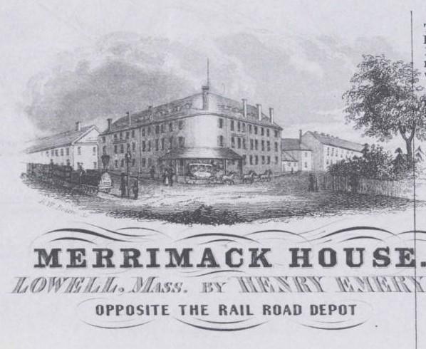 Historical engraving of the Merrimack House in Lowell, Massachusetts